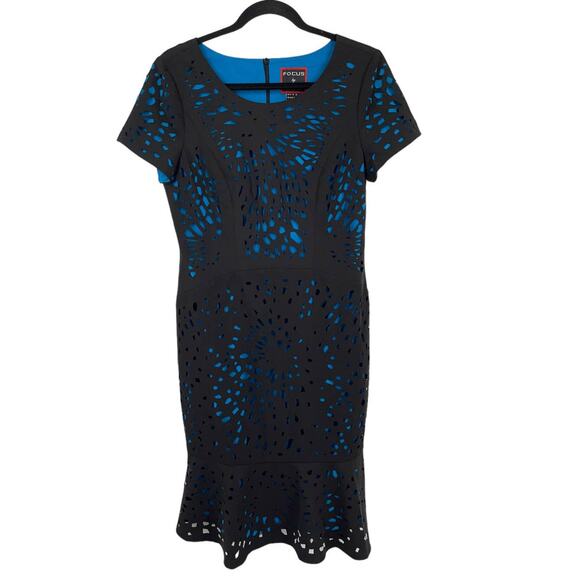 Focus by Shani dress laser cutting with flounce black blue size 6 - Picture 2 of 5